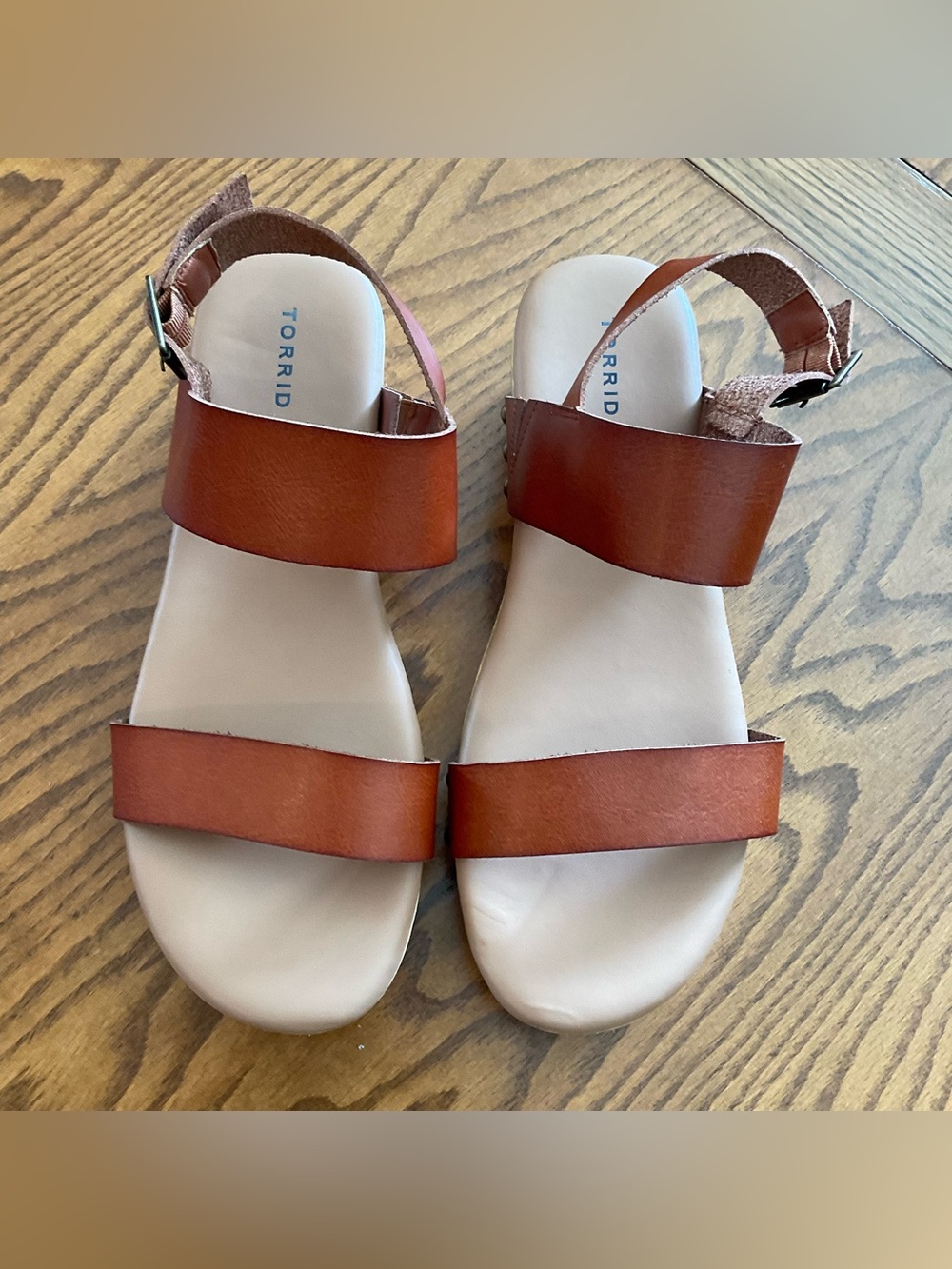 Torrid Cognac Brown Two Strap Platform Wedge, Studded Ankle Strap, 9.5WW